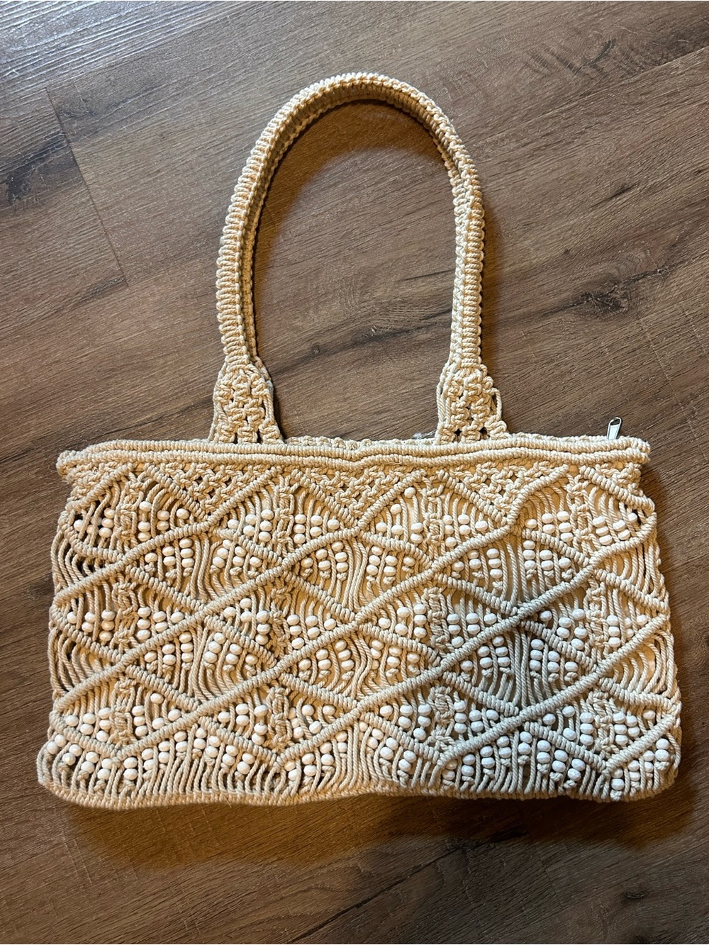 Antik Kraft Tote Bag Womens Medium Cream Boho Beaded Handwoven Zip Closure